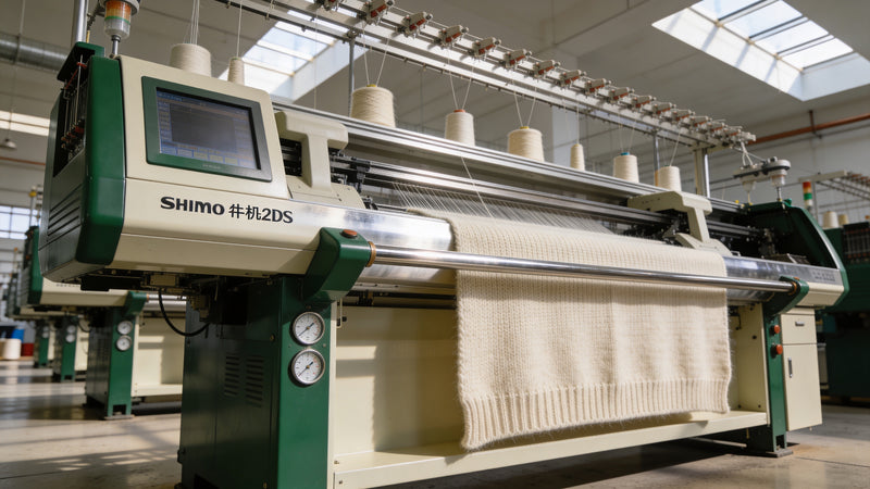 Shima Seiki MACH2XS computerised knitting machine in operation at the Blue Sky Cashmere mill.