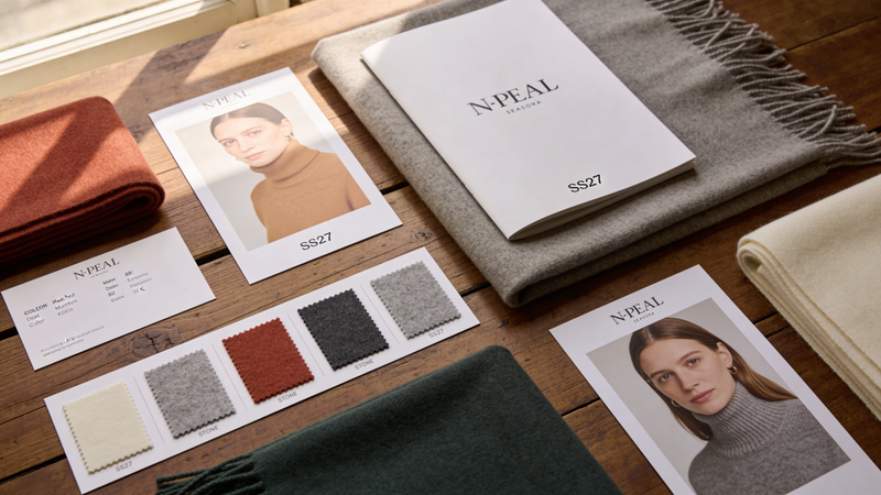 SS27 cashmere palette lookbook flat-lay — desert-horizon swatches on warm walnut surface.