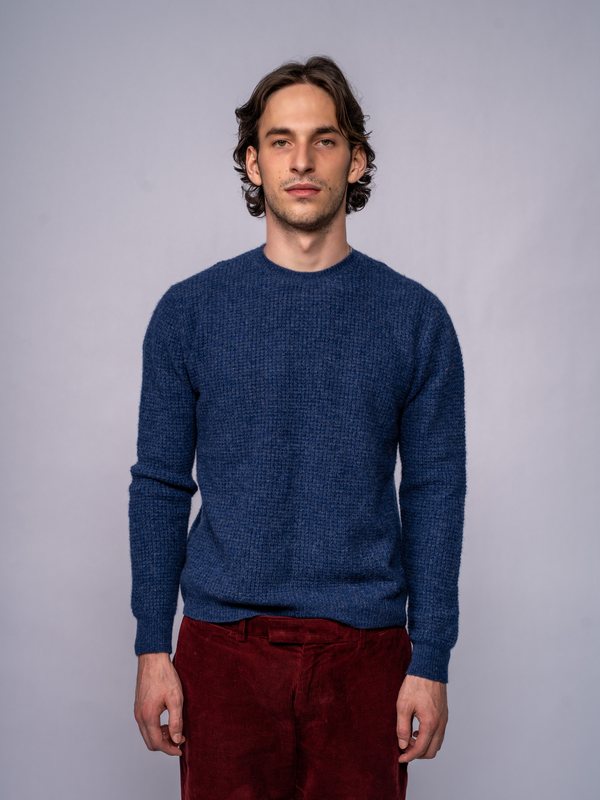 Men’s Textured-Stitch Crewneck Sweater in Dk Denim