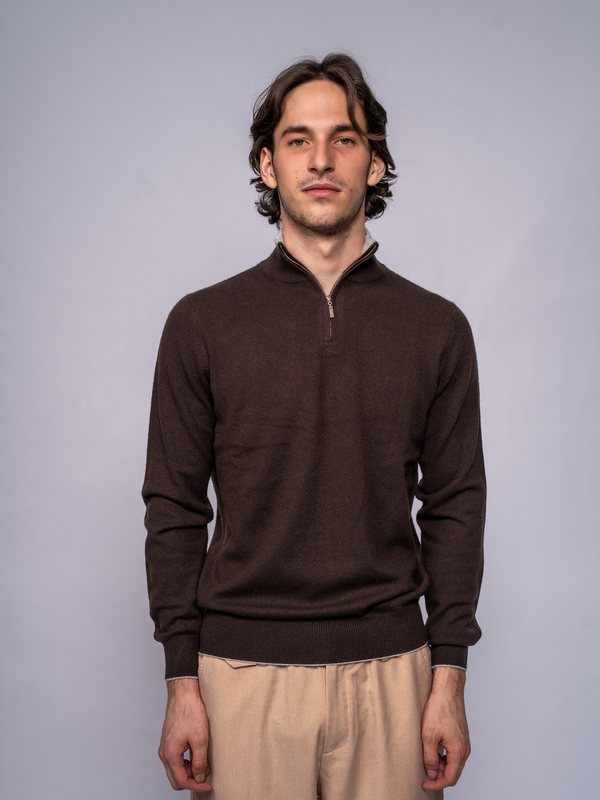 Men’s Quarter-Zip Funnel-Neck Sweater in Chocolate