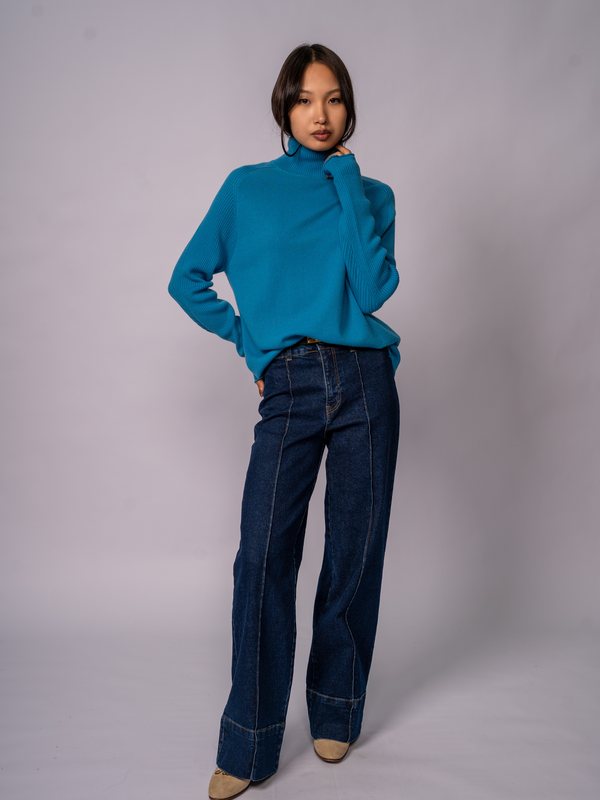 Bell-Sleeve Funnel-Neck Sweater in Balearic