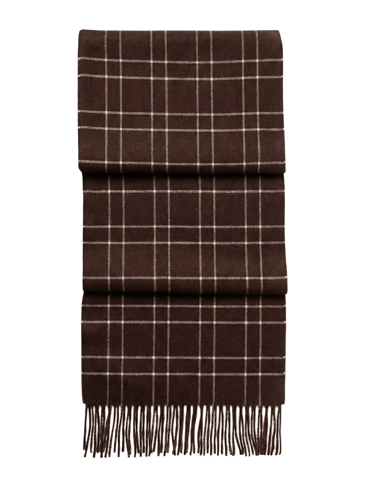 Plaid Fringed Camel Scarf · Dark Brown — flat