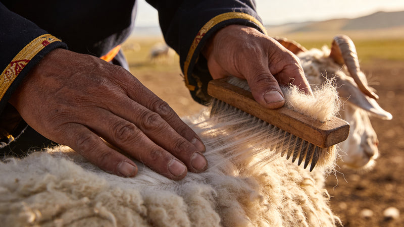Mongolian herder combing raw cashmere fibre from a goat during late spring moult — Blue Sky Cashmere editorial.