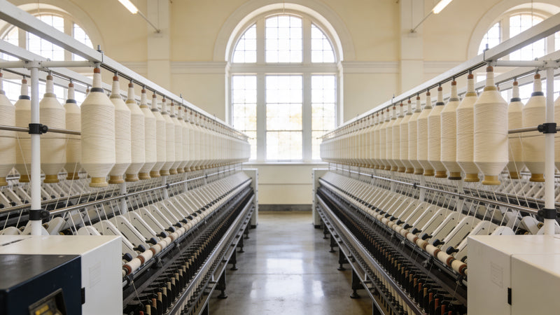 Mongolian cashmere mill spinning floor with rows of European-grade spindles and tall arched windows.