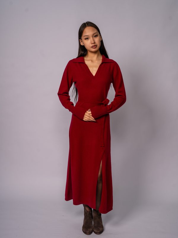 Collared Knit Midi Dress in Bordeaux