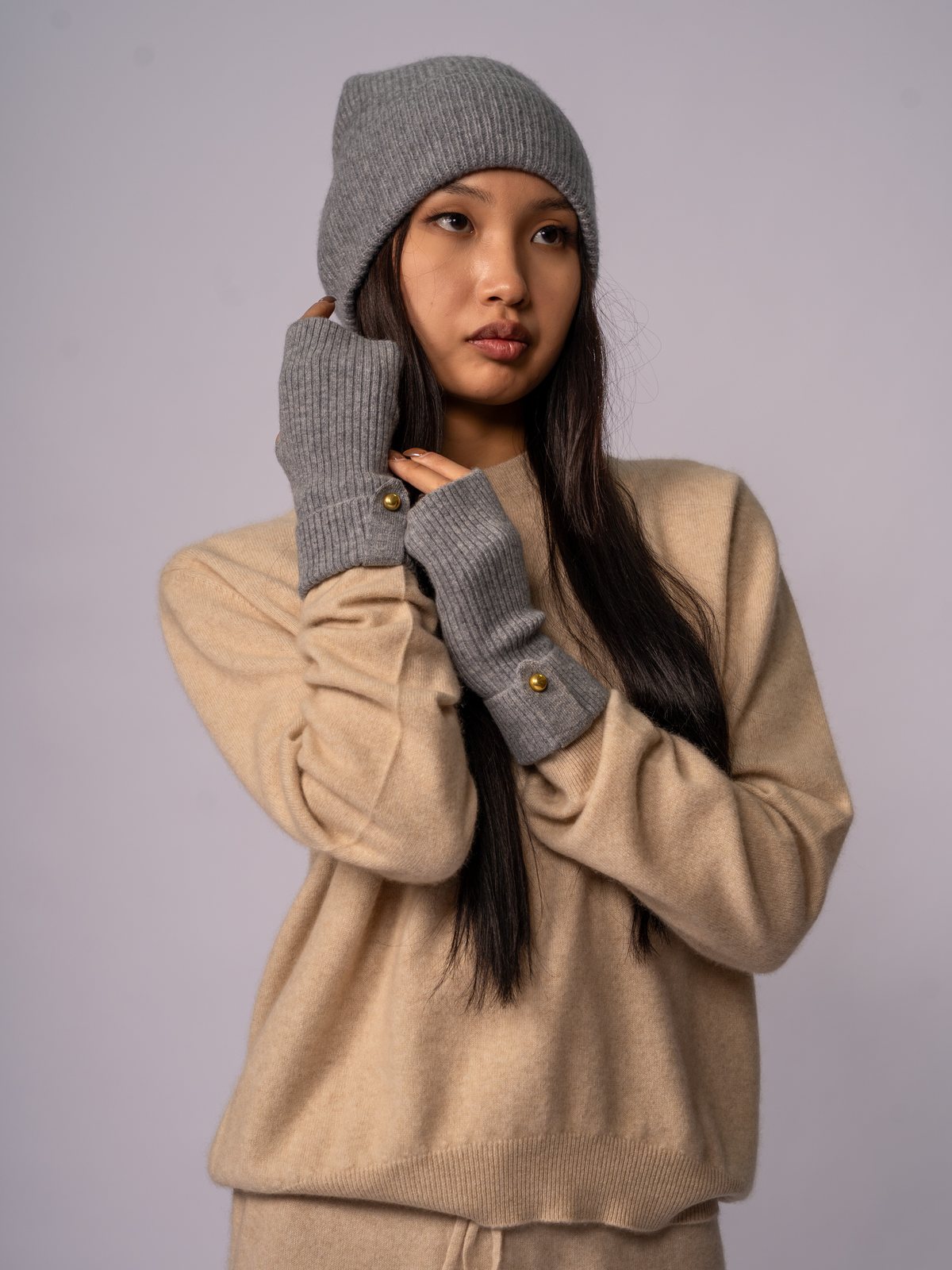 Button-Flap Fingerless Mittens · Felt Grey — view 1