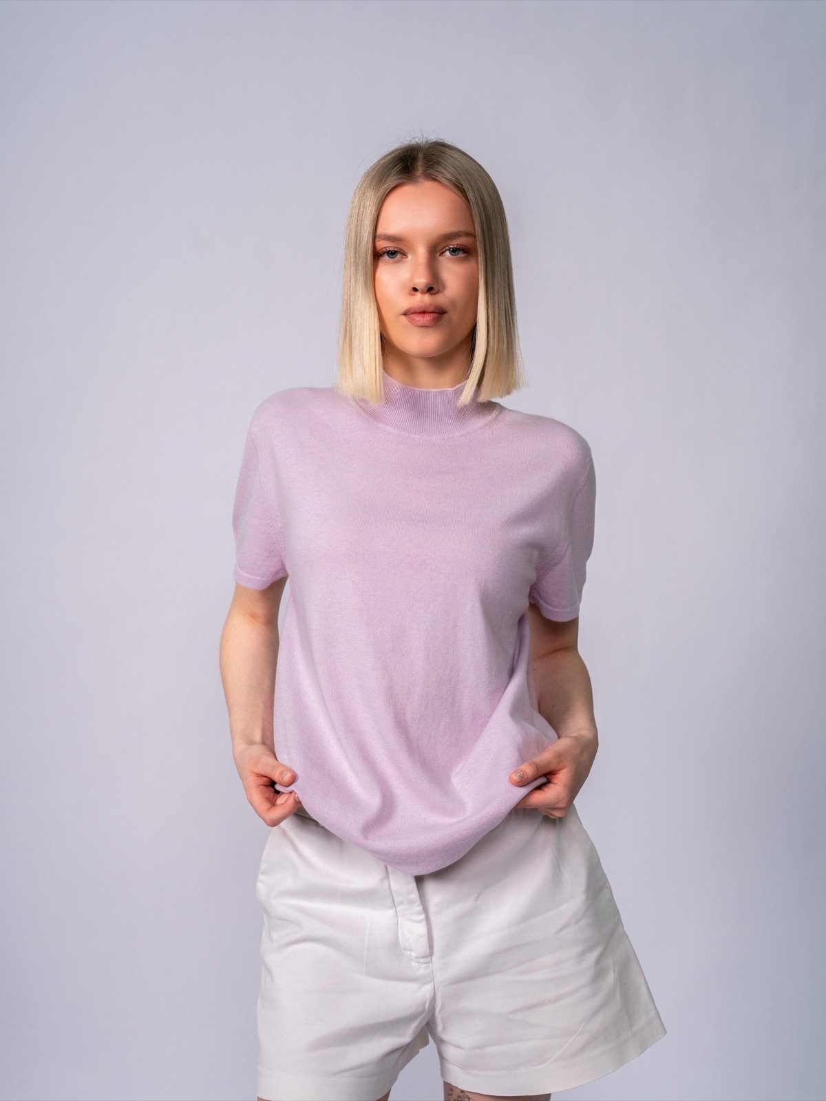 Mock-Neck Short-Sleeve Knit Top · Lilac — view 1