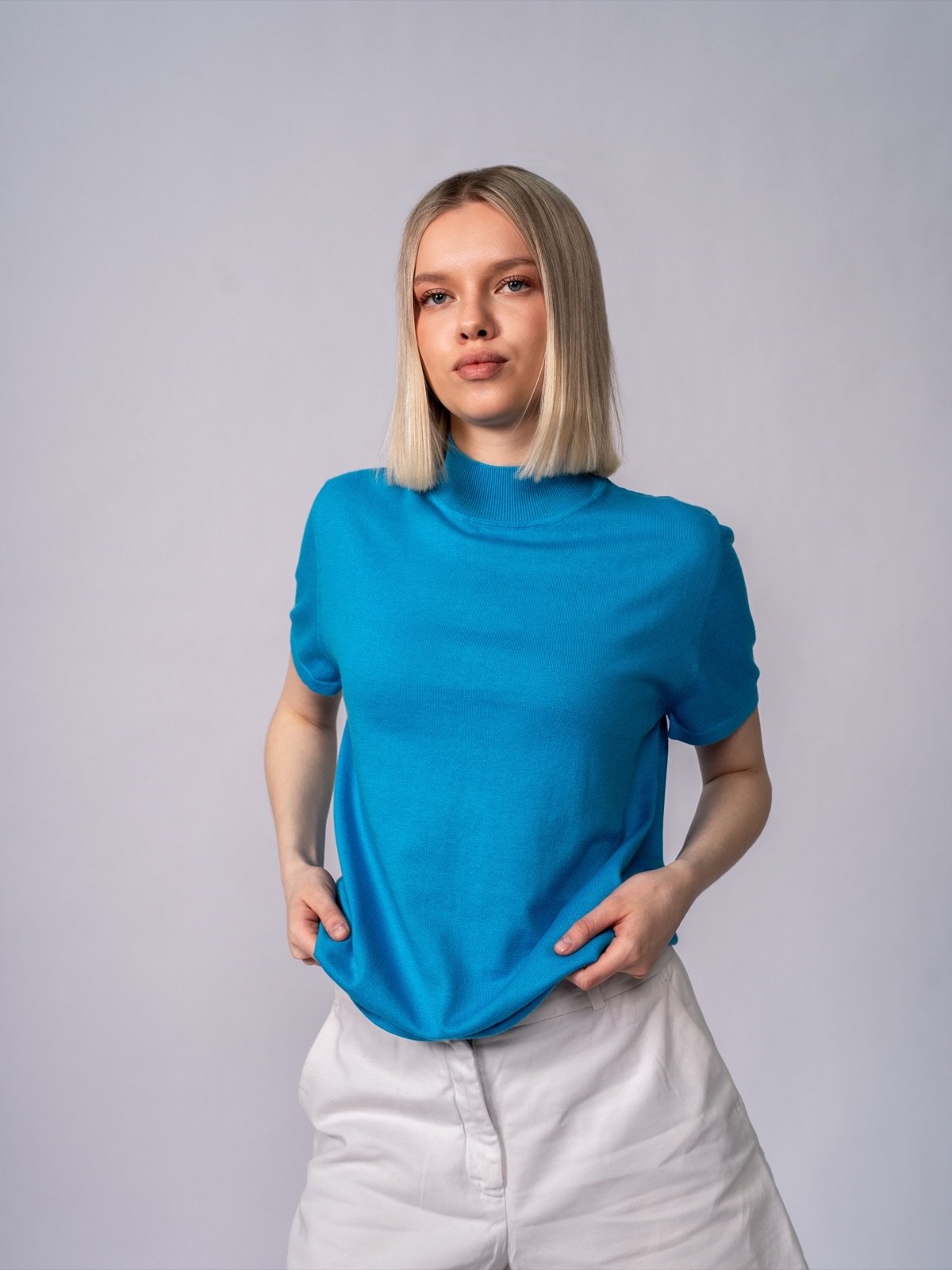 Haut en maille manches courtes col montant · Turquoise — vue 1