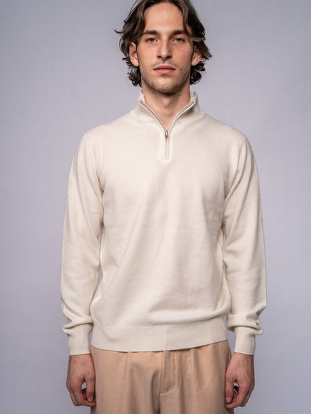 Maglione con Collo a Imbuto e Zip Corta · Organic White
