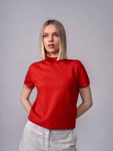 Вязаный топ с коротким рукавом и невысоким воротом · Red
