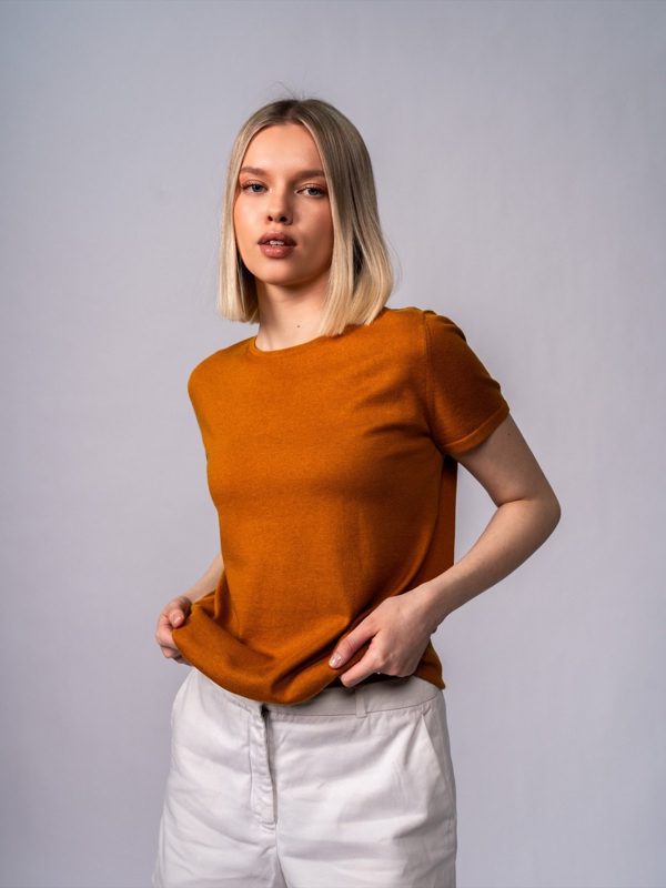 Crew-Neck Short-Sleeve Knit Top in Amber