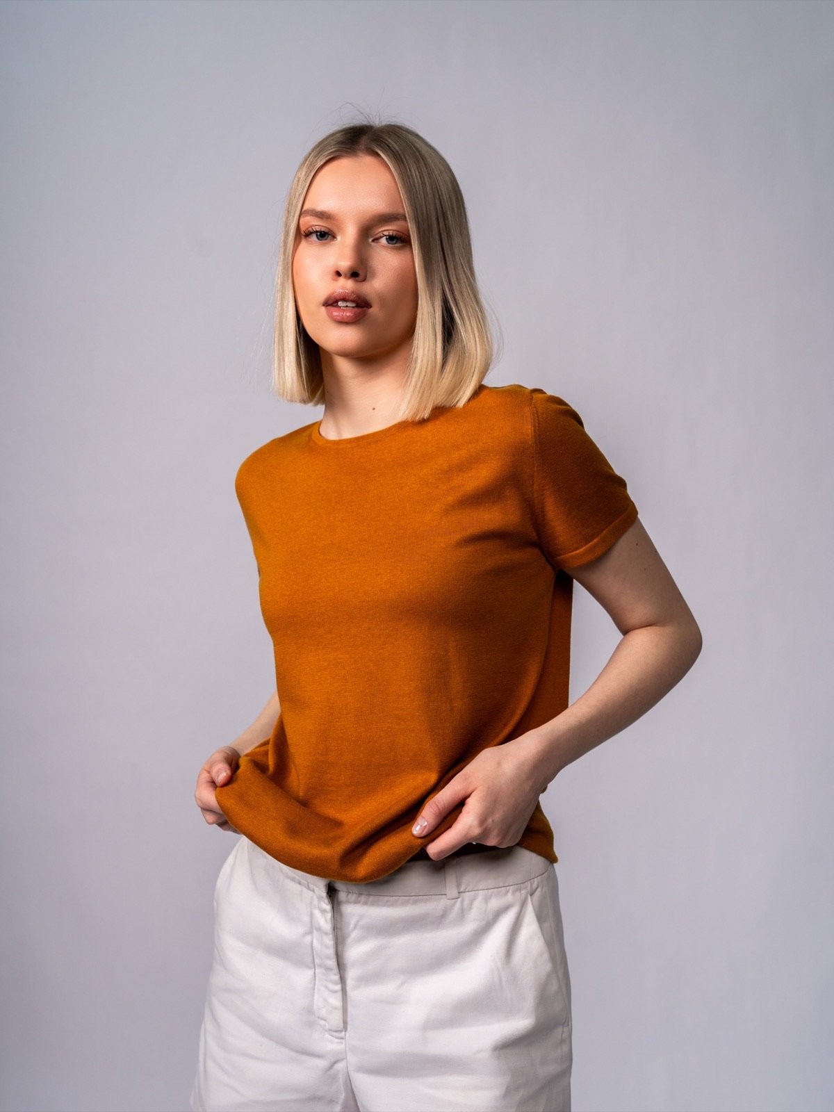 Crew-Neck Short-Sleeve Knit Top · Amber — view 1