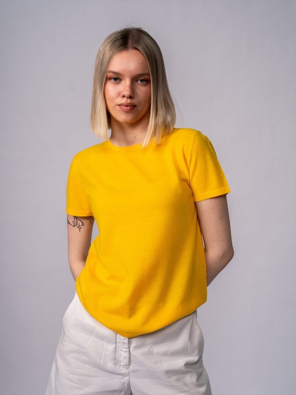 Crew-Neck Short-Sleeve Knit Top in Marigold Yellow