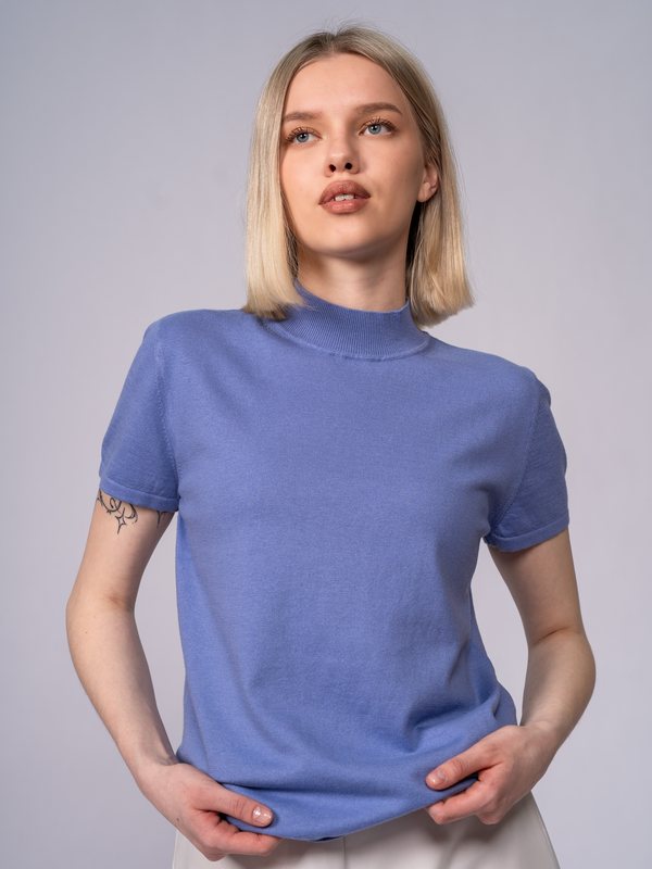 Short-Sleeve Mock-Neck Top in Cornflower Blue