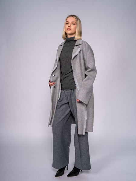 Cappotto a Portafoglio con Cintura e Bordo a Contrasto · Light Grey