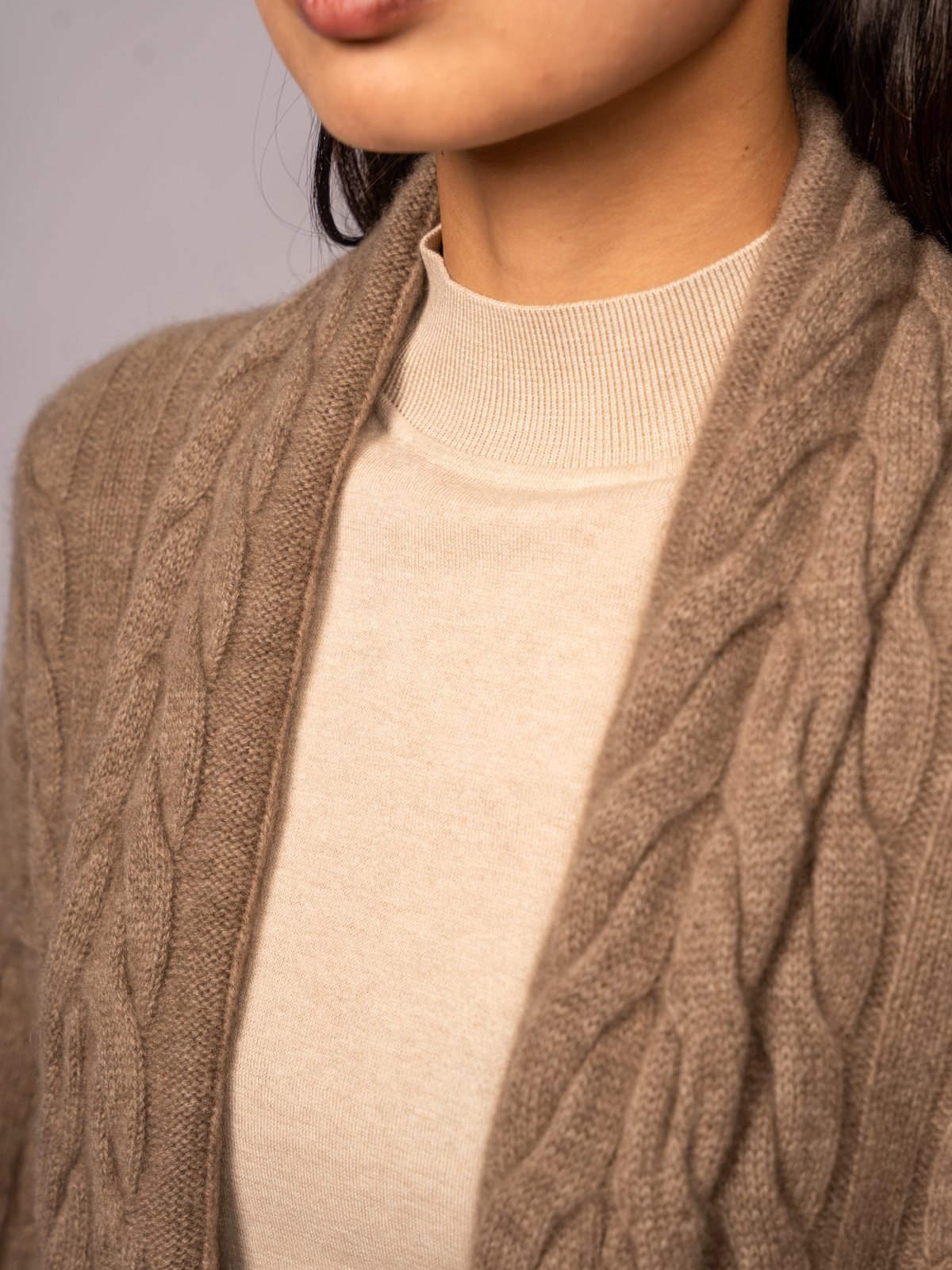 Close-up: Cable-Knit Duster Cardigan · Organic Dark Brown