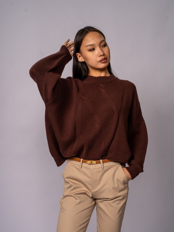 Blouson-Sleeve Crewneck Sweater in Deep Mahogany