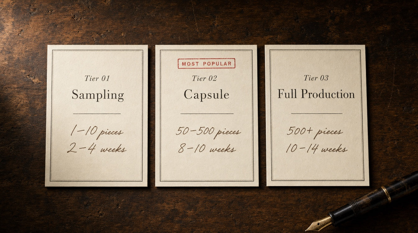 Three letterpress trade cards showing OEM capability tiers