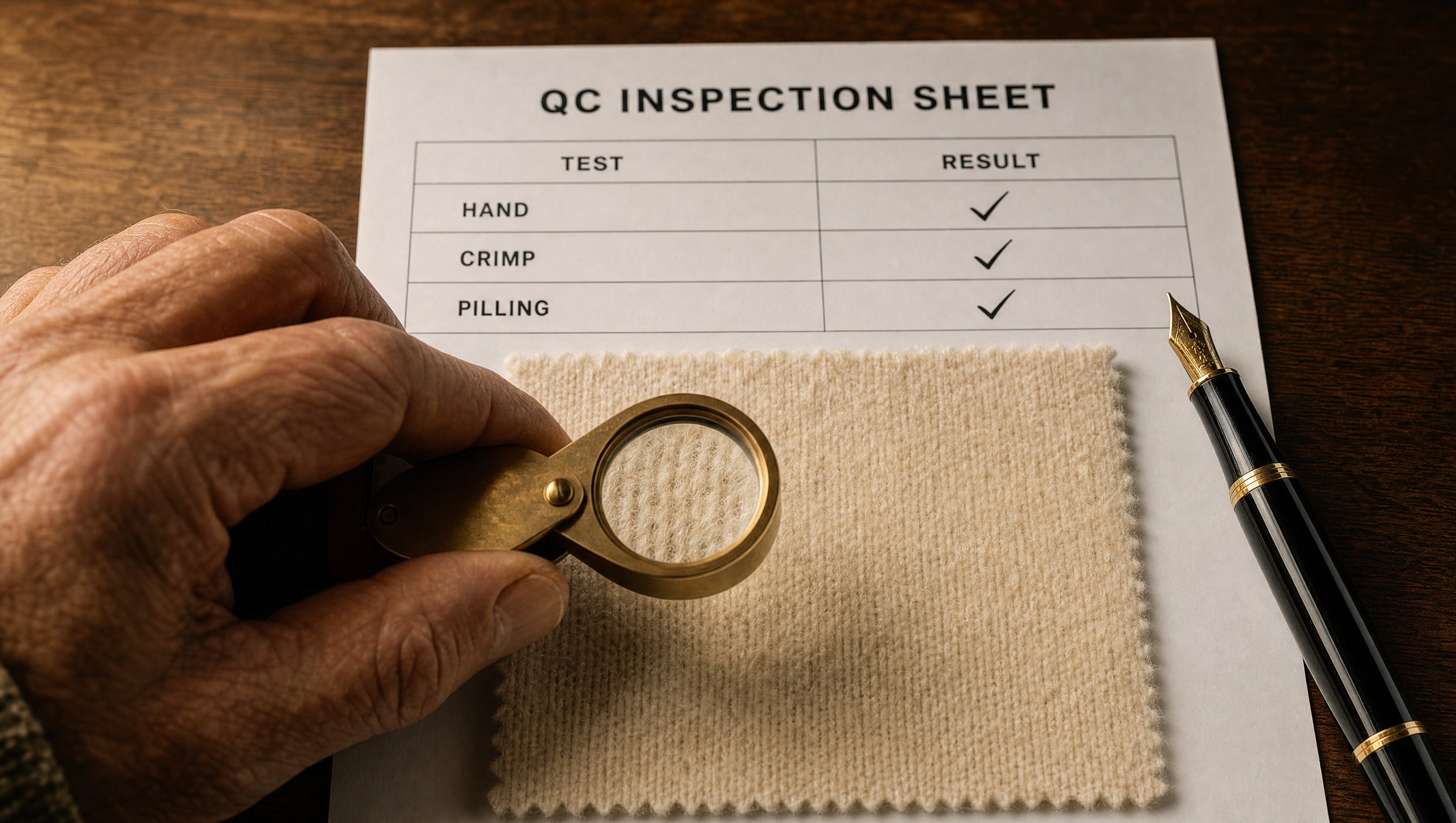 Cashmere swatch under a brass loupe on a QC inspection sheet