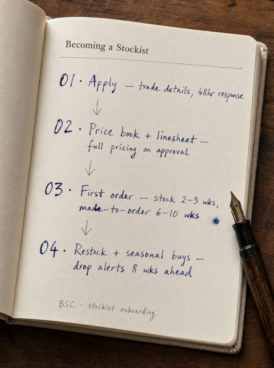 Stockist onboarding flowchart in the atelier notebook