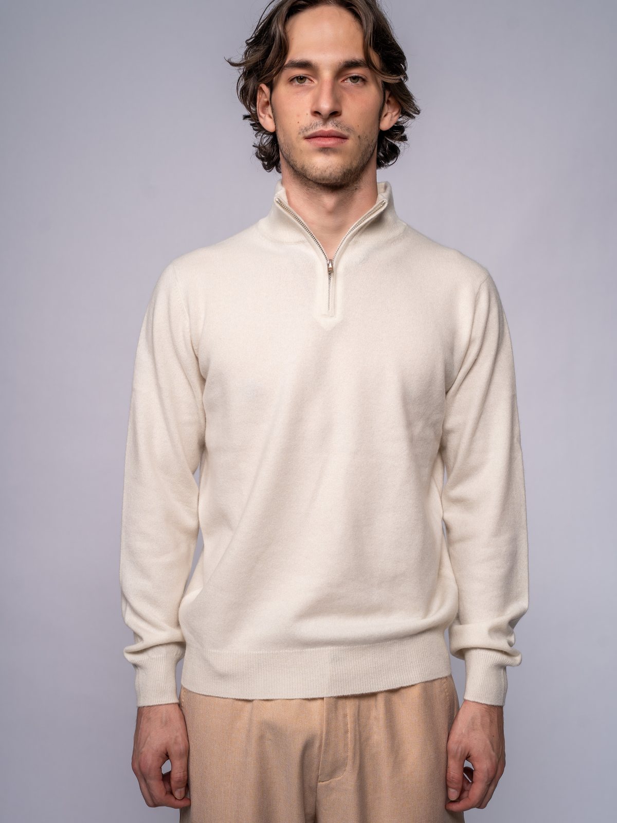 Maglione con Collo a Imbuto e Zip Corta · Organic White — vista 1